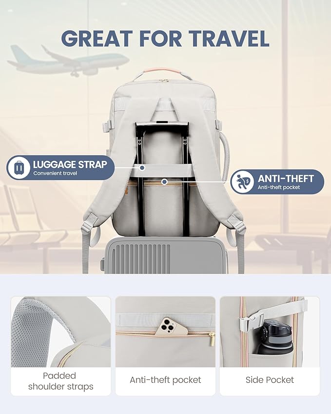 LOVEVOOK Travel Backpack for Women & Men 40L,Airline Approved Carry On Backpack Travel Essentials,TSA Carry on Luggage,Waterproof Personal Item Travel Bag,Suitcase with 3 Packing Cubes,Light gray-Pink