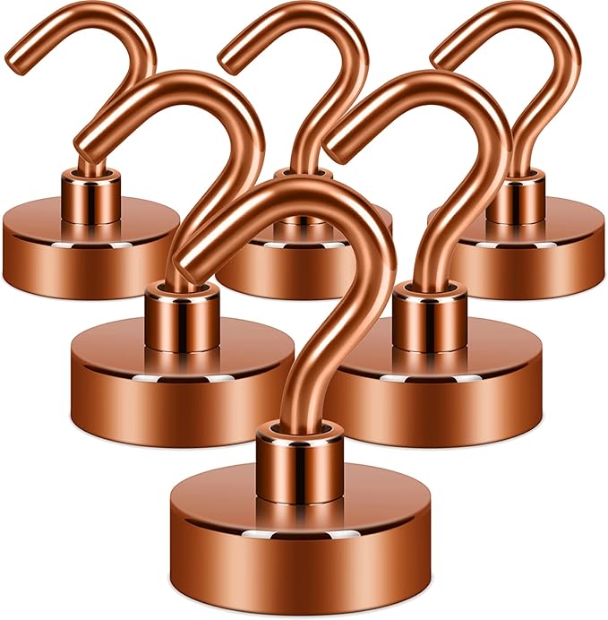 Neosmuk Magnetic Hooks,0.4lb Heavy Duty Earth Magnets with Hook for Refrigerator, Extra Strong Cruise Hook for Hanging, Magnetic Hanger for Cabins, Grill (Bronze, 6 Pack)