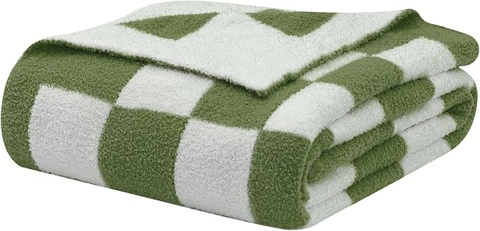 bearberry Fuzzy Checkerboard Grid Throw Blanket Knitted Soft Cozy Warm Microfiber Bed Blanket Decor for Couch Sofa Bed Travel Home (Avocado Green, 60''x80'')