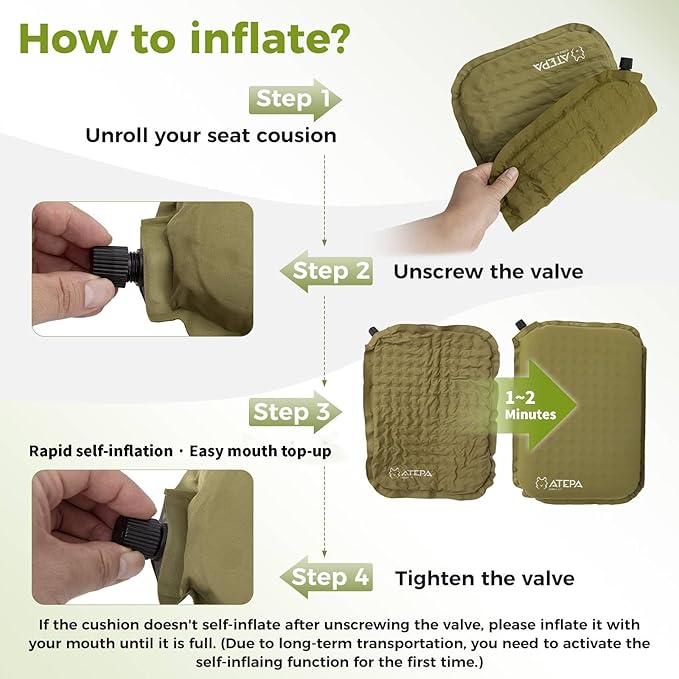 ATEPA Inflatable Seat Cushion, Self-Inflating Portable Stadium Airplane Travel Foam Cushion Pad for Camping, Sports Events, Outdoor