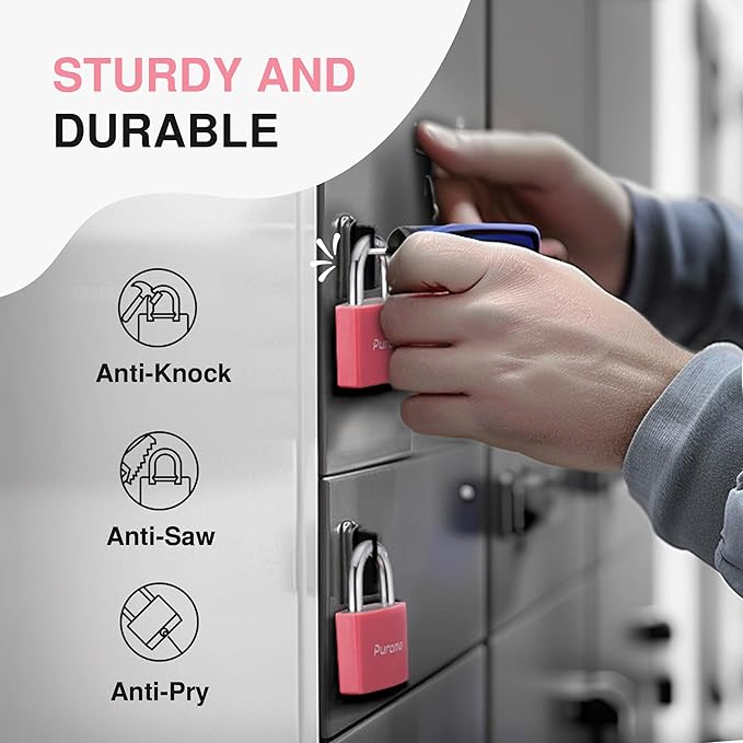 Puroma Lock Keyed Padlock, 2 Pack Aluminum Locks with 3 Keys Alike, 7/8 Inch Locker Lock 43mm Small Padlocks for Gate, Fence, Shed, Toolbox, School Gym Locker (Pink)