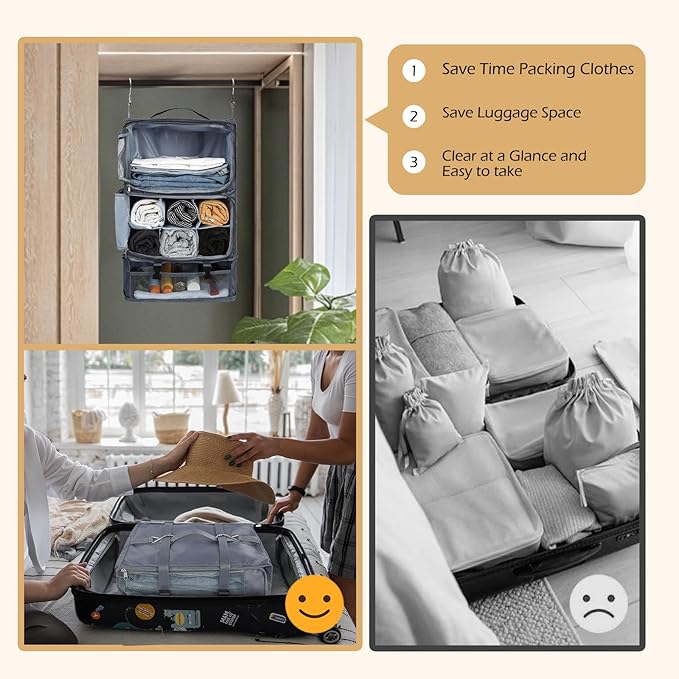 Surblue Hanging Travel Shelves Compression Packing Cube for Carry-on Luggage Suitcase Collapsible with Extension Layer Large Capacity, Grey, XXL