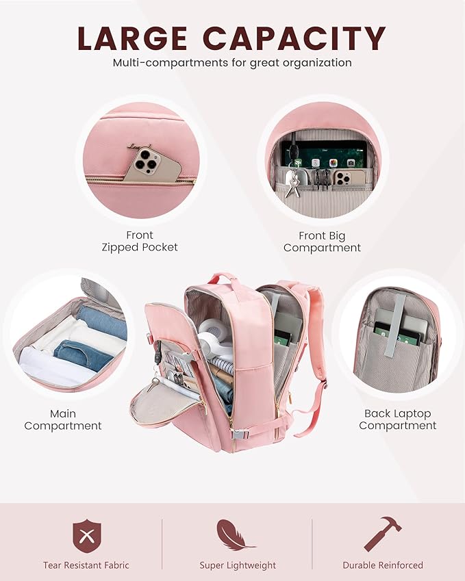 LOVEVOOK Travel Backpack for Women & Men 50L,Airline Approved Carry On Backpack Travel Essentials,TSA Carry on Luggage,Waterproof Personal Item Travel Bag,Suitcase with 3 Packing Cubes,Pink-Pink