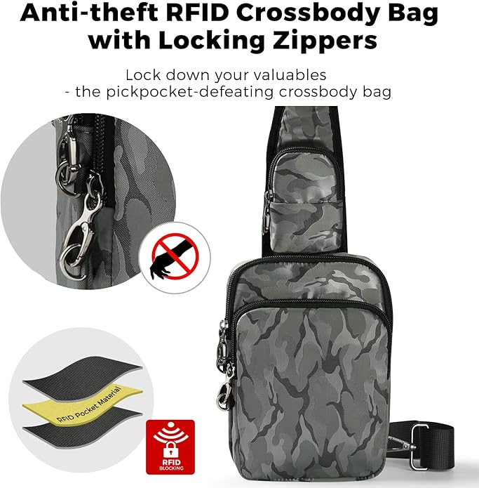 VADOO Sling Bag, Crossbody Bag with Zipper Lock, RFID Blocking & Water Resistant for Men and Women