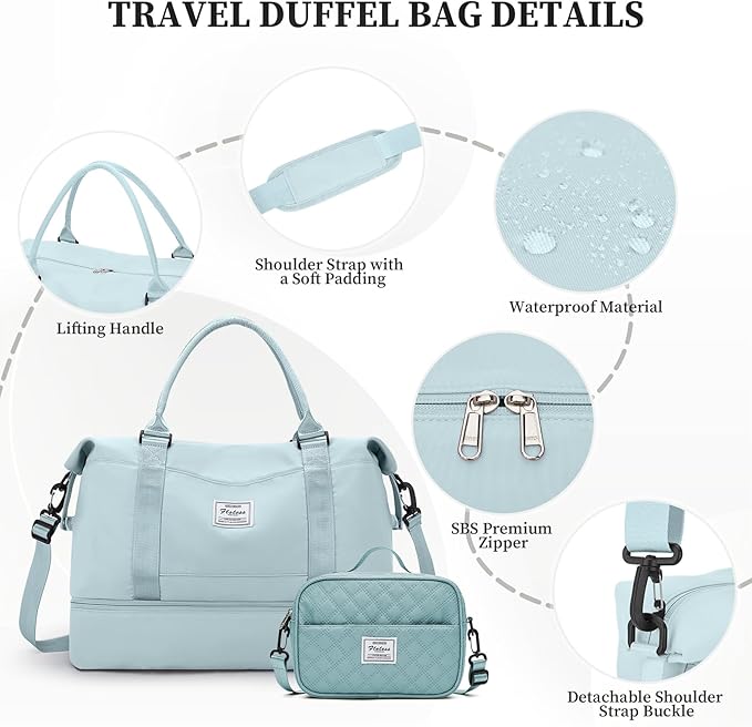 Weekender Bags for Women,Carry On Overnight Travel Duffel Bag with Shoes Compartment & Toiletry Bag,Extra Large,Light Blue
