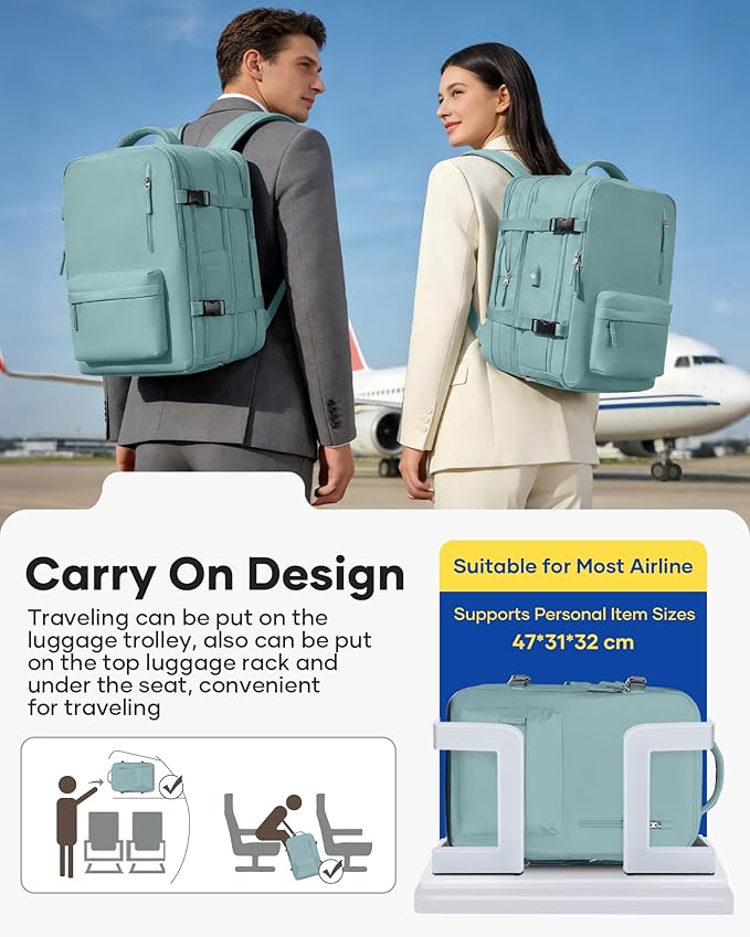 VECAVE Vacuum Backpack Travel with Pump, Expandable Personal Item Carry on Backpacks for Women Men, Laptop Waterproof Work Compression bags with USB Casual Daypack LightBlue