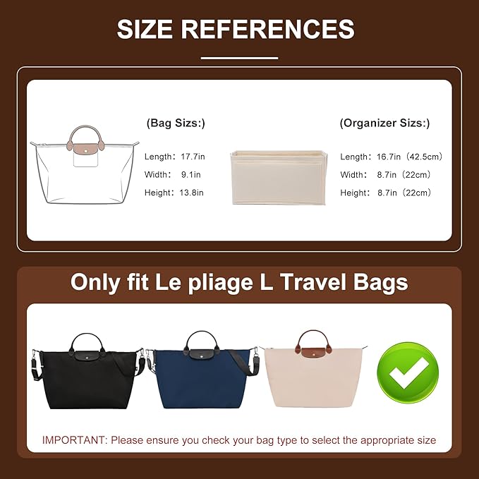Doxo Felt Purse Organizer Insert for Longchamp Le Pliage L Travel Bag, Longchamp Orgainzer Insert Large with 9 Compartments and Zipper Water Bottle Holder, Fits Long Champ Large Bag (LT, Beige)