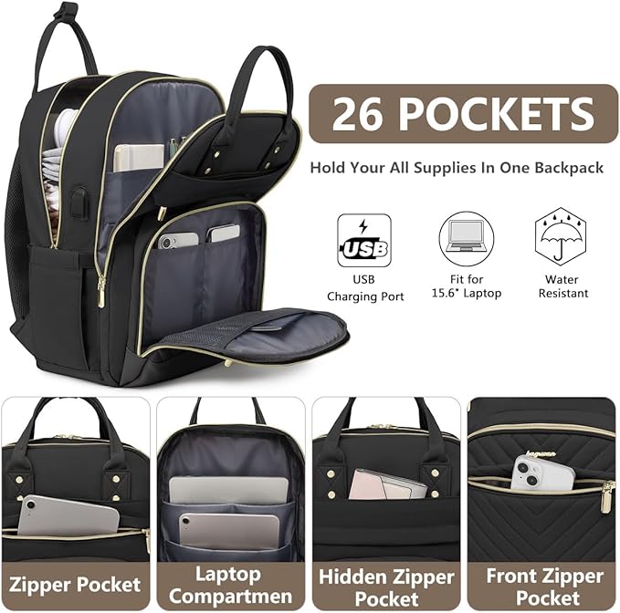Laptop Backpack for Women Work Bag - Fits 17.3 Inch Laptop Bag Travel Work Backpack Anti-theft Bags with USB Charging Business Computer Waterproof Backpack Purse for Nurse Teacher Black