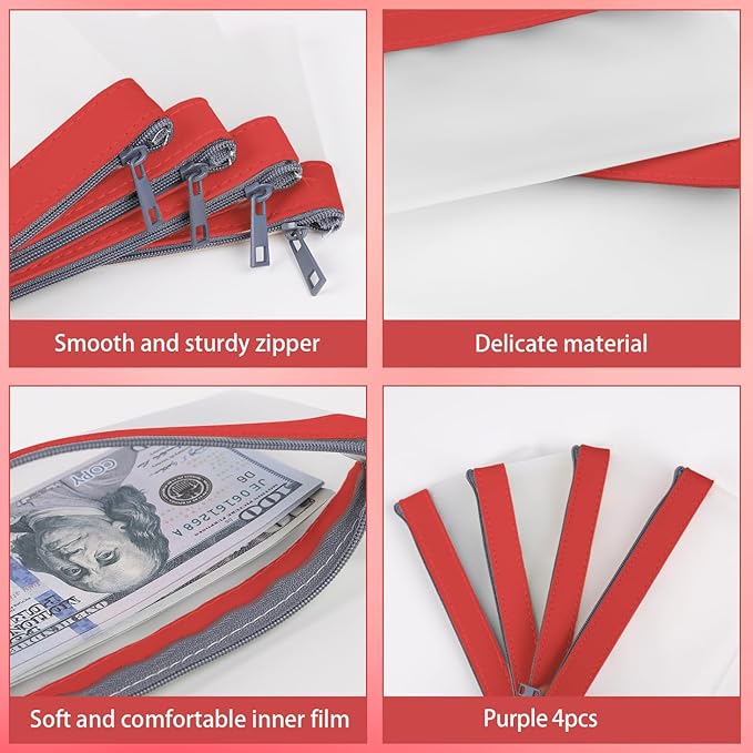 4 Pieces Money Bags With Zipper, Cash Envelopes, 7.6 x 3.7 Inch Money Pouch, Clear Bank Deposit Bag, Coin Bag for Collectors, Multi-Purpose Check Wallet (Red)