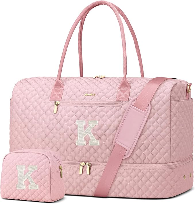 Letter Weekender Bags for Womens - Duffle Bag with Shoe Compartment Personalized Overnight Bag with Toiletry Bag Duffel Bags for Gym Hospital Bags Gift for Women Pink (Letter K)