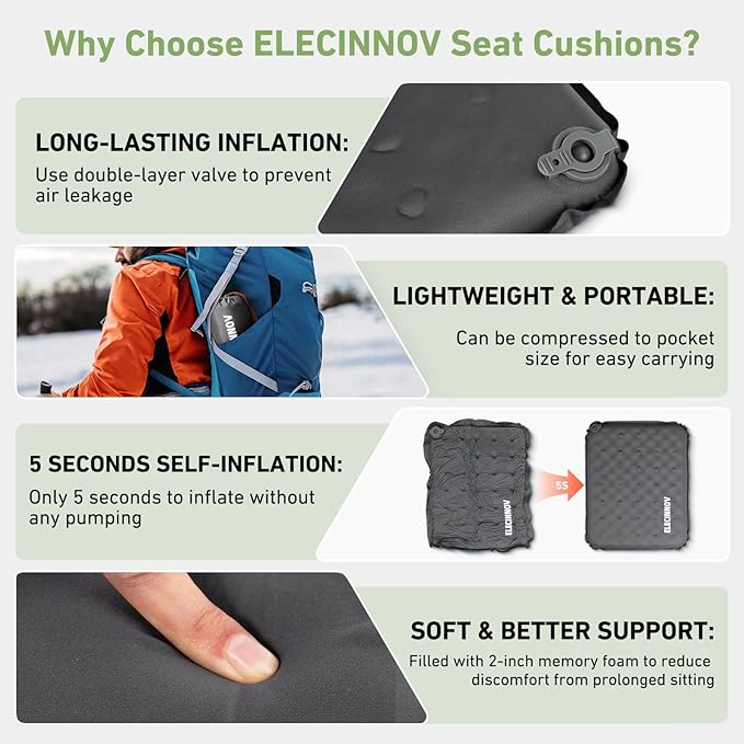 Inflatable Seat Cushion, Self Inflating Memory Foam Stadium Seat Cushion Lightweight Camping Chair Pad Airplane Cushion for Long Flights Outdoor Travel Bleacher Office Car Backpacking (Grey-2pack)