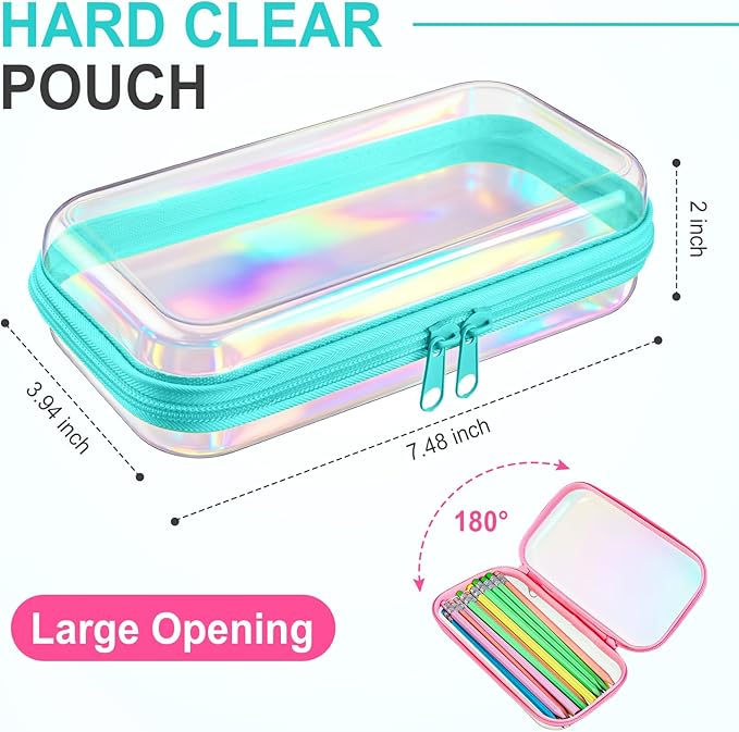 Sanwuta 6 Pcs Clear Hard Zipper Case Plastic Zipper Pouches Transparent Makeup Bag Pencil Case Pouches Toiletry Diaper Bag for Travel Toy Storage Organizer Bins(Holographic,7.48 x 3.94 x 2 Inch)