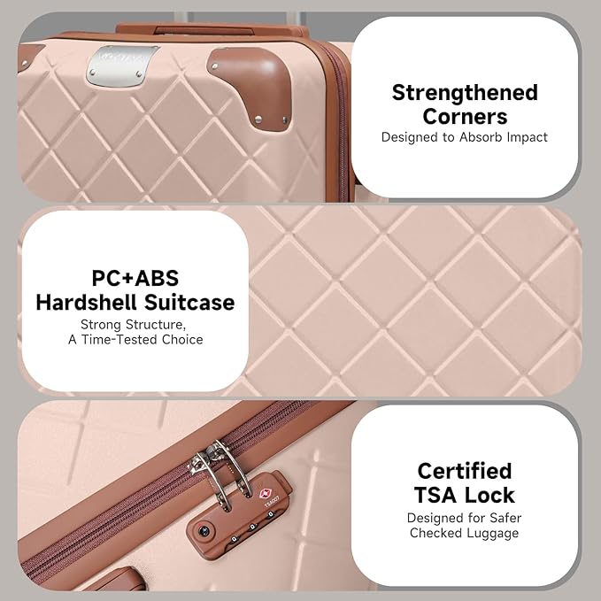 Lightweight Carry on Luggage 22x14x9 Airline Approved Suitcases with Wheels YKK Zipper TSA Lock, 2 Piece Luggage Set for Weekend Getaways & Travel Business (14/20 Pink)