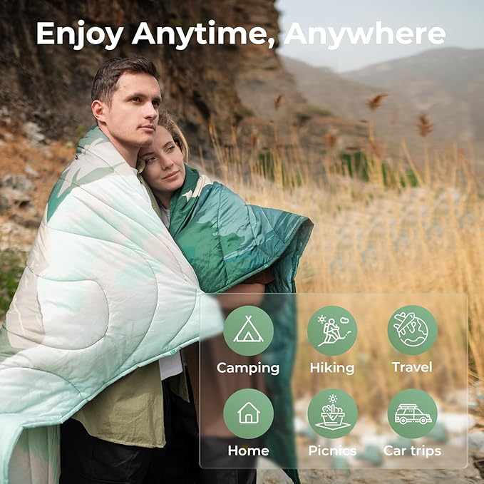 KingCamp Ultralight Camping Blanket, Packable Down Alternative Puffy Printed Wearable Blanket with Snap Buttons & Corner Loops Weatherproof Quilt for Outdoor Travel Stadium (78.7"L x 57.1"W, GREEN)