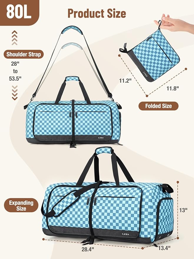 Lekesky Foldable Travel Duffle Bag for Women, Large Duffel Bag with Separate Shoes Compartments & Straps, Carry On Weekend Bag for Women, Hospital, Overnight (Green Gingham, 80L)