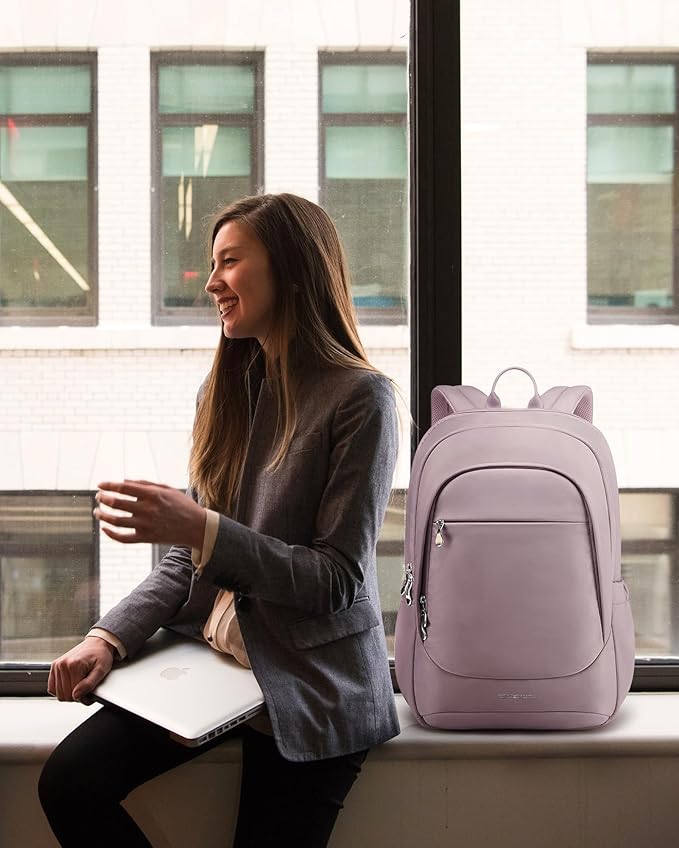 LIGHT FLIGHT Travel Laptop Backpack Women, 15.6 Inch Laptop Backpack with USB Charging Hole, Water Resistant College Bookbag, Black Computer Backpacks for Work, Grayish Pink…