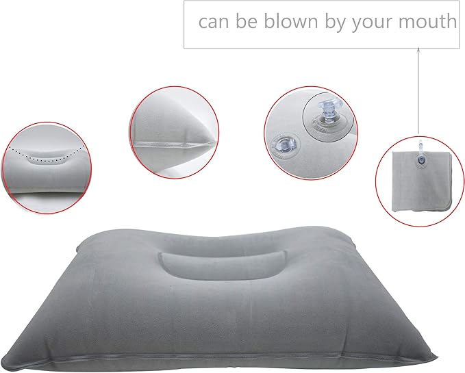 3 Pack Ultralight Inflatable Pillow Small Squared Flocked Fabric Air Pillow for Beach Hiking,Camping,Traveling,Napping,Desk Rest,Neck &Lumbar Support(Grey)