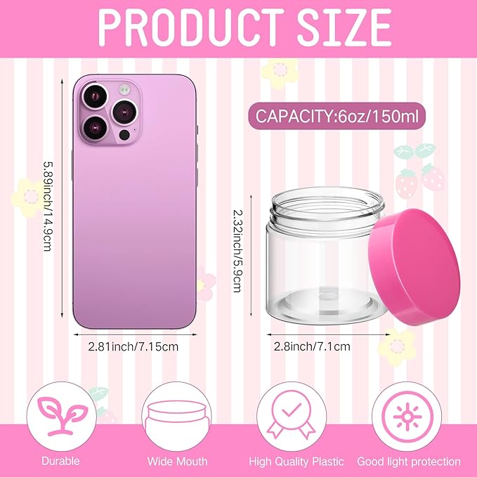 Patelai 4 Pieces Round Wide-mouth Leak Proof Plastic Container Jars with Lids for Travel Storage Makeup Beauty Products Face Creams Oils Salves Ointments DIY Making(6 Ounce,Pink)