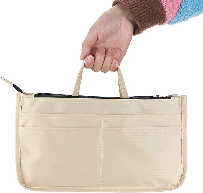 BTSKY Printing Handbag Organizers Inside Purse Insert - High Capacity 13 Pockets Bag Tote Organizer with Handle Beige