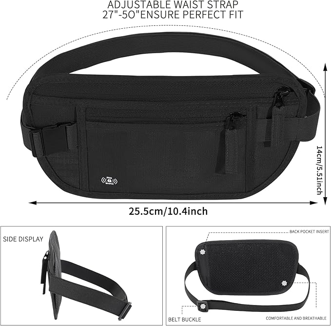 Money Belt for Travel Fanny Pack for Men Hidden Travel Pouch Fanny Pack for Women Hidden Rfid Passport Holder for Travel (Black)