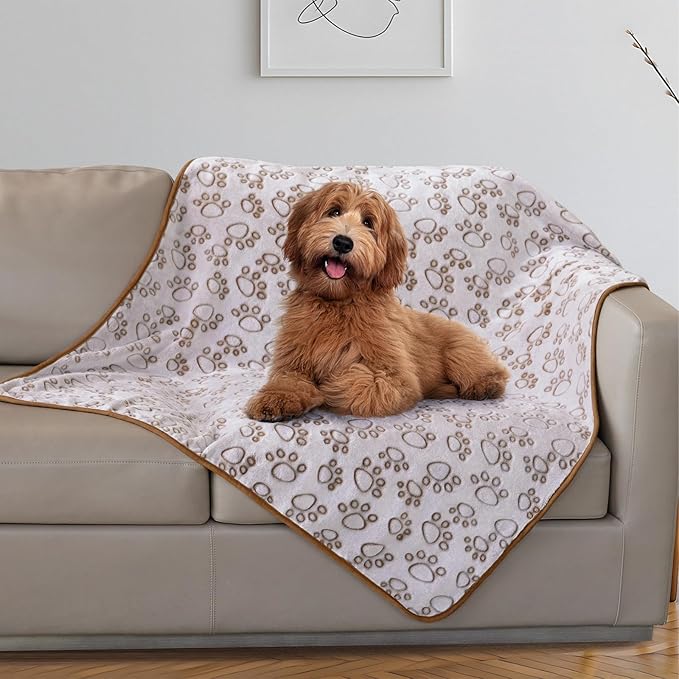 Stuffed Large Brown Premium Soft Dog Blanket, with Flannel Cute Paw Print, 43 * 66 inches, Cat Blanket Maltipoo Puppy Essentials