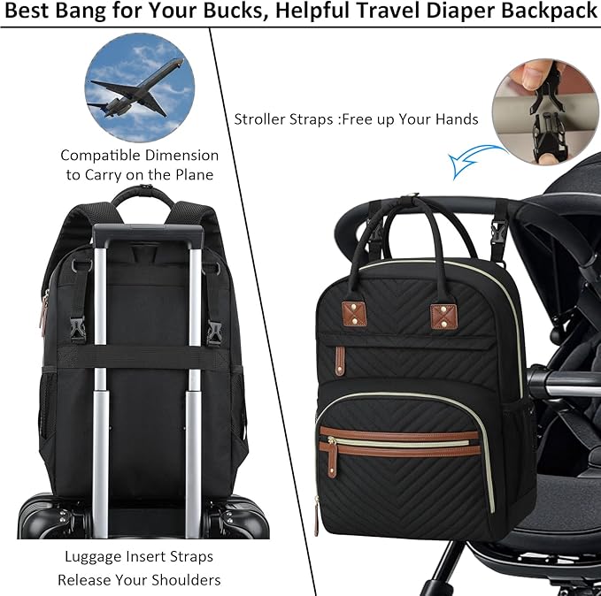 Tenot Diaper Bag Backpack for Women Large Capacity with Insulated Pockets Multifunctional Diaper Bags For Baby Girl Boy Waterproof Baby Bags For Mama Maternity Travel Bag Black