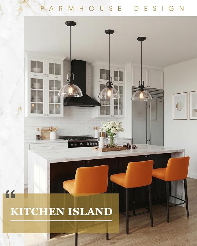Large Pendant Lights Kitchen Island, 10.5" Farmhouse Black Pendant Lighting with Clear Glass Shade, Vintage Hanging Light Fixtures for Dining Room Entryway, Adjustable Cord, AD-22151-1PL-BK-C