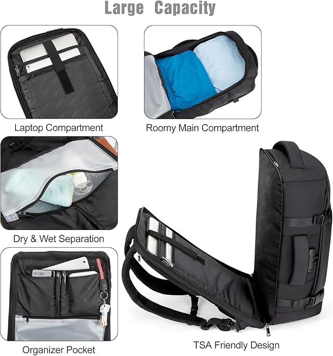 Tzowla 40L Expandable Travel Laptop Backpack for Men Women Carry on Flight Approved,Large Capacity Anti Theft Backpacks with Giant Tumbler Holder Pocket,Personal Item Bag Fit 17.3" Computer（Black