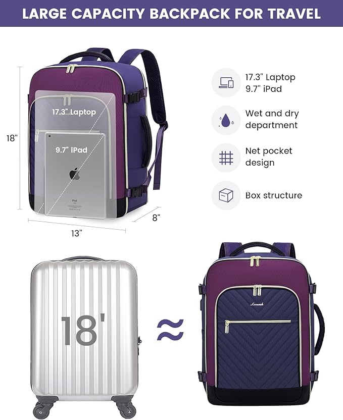 LOVEVOOK Large Travel Backpack for Women, TSA Carry on Backpack for Airplanes, 40L Personal Item Travel Bag for Women fits 17" Laptop,Waterproof Carry on Bag Airplane Approved with 3 Packing Cubes