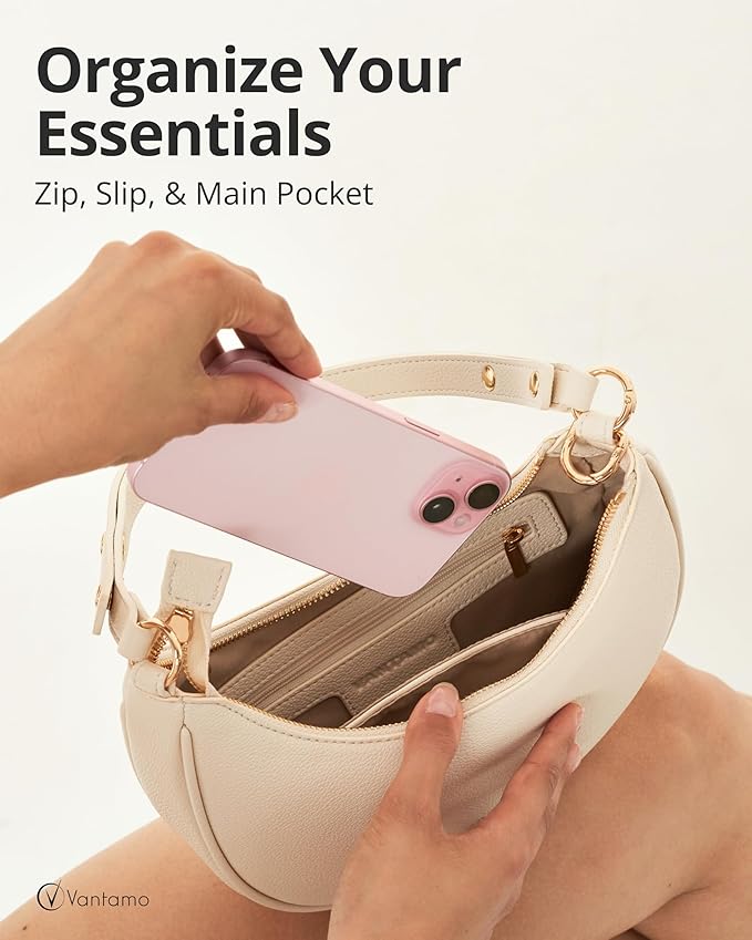 Vantamo Crescent Bags For Women with RFID Protection, Half Moon Clutch Purses for Women with Anti-Theft Clip for Extra Safety