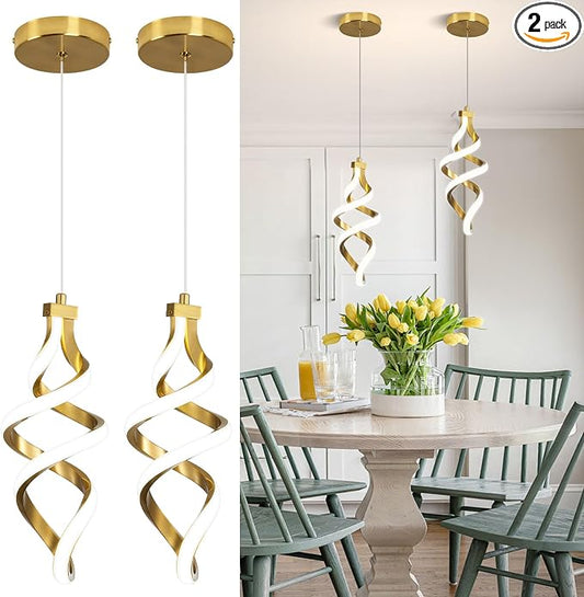 Modern LED Pendant Light Fixture, 15W Spiral Led Chandelier Hanging Lamp, 4500K Pendant Lights Kitchen Island, Adjustable Height Pendant Light for Dining Room Bedroom Kitchen Island Cafe(2 pack)