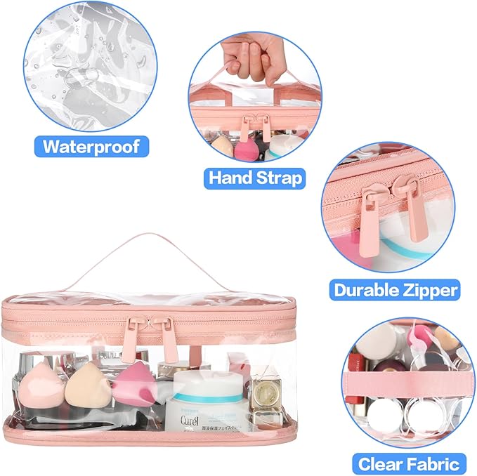 HAOGUAGUA 2 Pieces Clear Makeup Bags Cosmetic Toiletry Bags for Traveling, Waterproof Travel Transparent TSA APPROVED Carry On Airport Airline Compliant Bag (2 PIECES PINK)