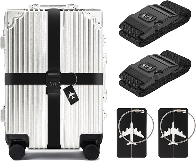 BILIONE 2 Pack Luggage Straps for Suitcases with Password Lock & Metal Tags, Adjustable Suitcase Belt & Travel Belt, Secure & Identify Luggage Connector Straps to Connect Two Bags 20-34 Inch (Black)