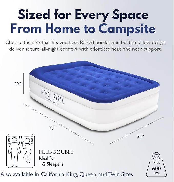King Koil Luxury Full-Size Air Mattress with Built-In High-Speed Pump & Built-In Pillow Top, 20" Inflatable Double High Airbed for Home, Camping & Guest Comfort, Waterproof & Portable, 1-Year Warranty