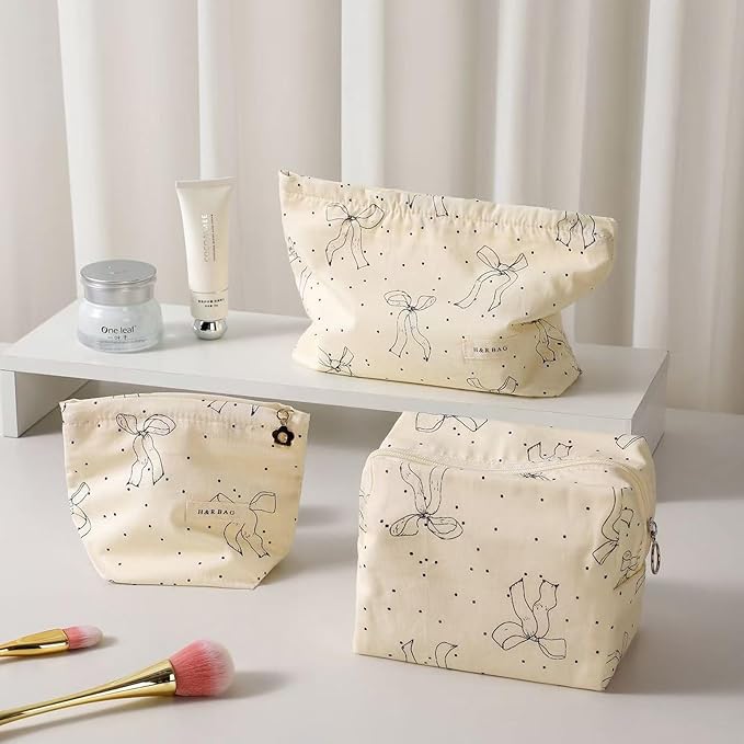 HAPPYHEIDI Makeup Bag Set,Cute Organizing Pouch, Cotton, Beige Bow Pattern, Zipper Closure, Large 10.2x7.8 Inches, Small 6.5x6.5 Inches, Lightweight