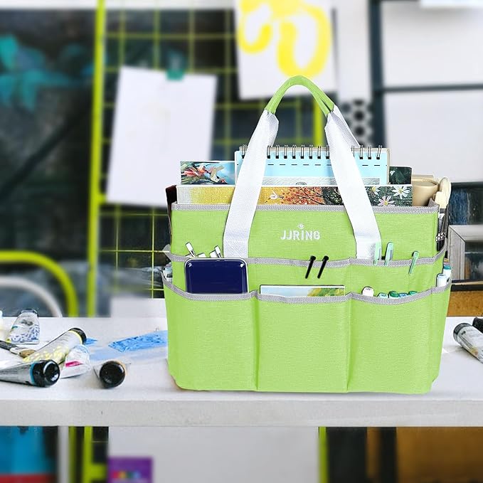 JJRING Craft Organizer Tote Bag, Large Art Storage Caddy with Multiple Pockets, Cyan Sewing Bag for Art, Craft, Scrapbooking, School, Medical, and Office Supplies Storage