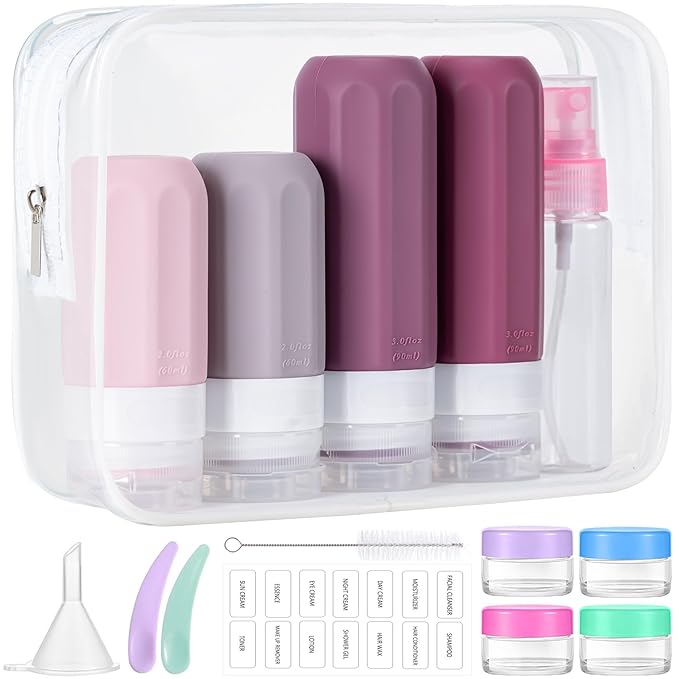 MODENGKONGJIAN 16 Pack Travel Bottles for Toiletries,TSA Approved Silicone Squeezable Travel Shampoo Bottles, 3oz Leak Proof Refillable Toiletry Cosmetic Containers (16PCS/Cranberry)