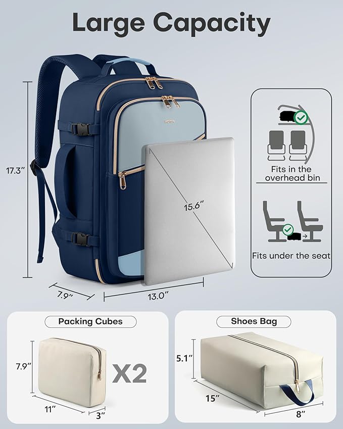 HOTOR Travel Backpack for Women – TSA-Friendly Travel Bag with Multiple Compartments & 3 Packing Cubes, Water-Resistant & Comfortable, Perfect for Travel Essentials, Blue, 17.3" x 13.0" x 7.9"