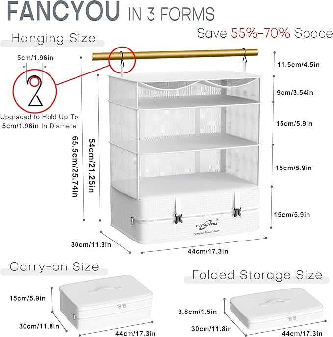 Compressible Packing Cubes Portable Hanging Closet Shelves 17"x12"x24" Extendable Travel Organizer Nylon Packing Bags for Suitcase