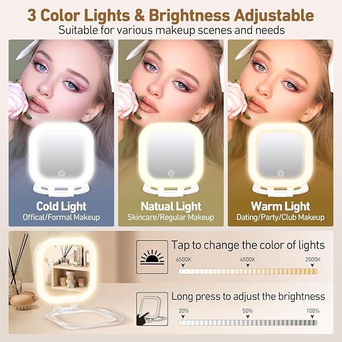 GOMIPURU Travel Mirror with Light, Compact Mirrors, 1x/30x Magnifying Mirror with 3 Color Lights and Adjustable Brightness, 4.5x3.9 inch Small Compact Hangable Hand Pocket Mirrors, Comes with Tweezer