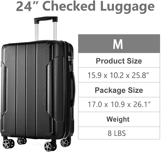 24 Inch Checked-Large Luggage, Lightweight ABS Hard Shell Suitcase with Spinner Wheels, Expandable Travel Luggage with Combination Lock & Side Hooks for Men Women, Black