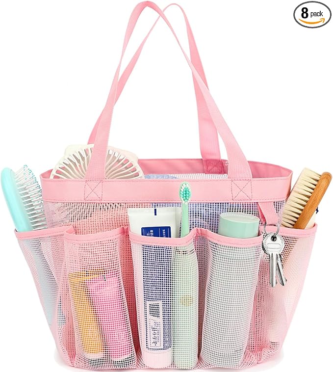 Fammart Mesh Shower Caddy Portable for College Dorm Room Essentials, 8-Pocket Large Shower Basket Tote Bag with 2 Handles for Toiletry, Bathroom, Beach, Camp, Gym