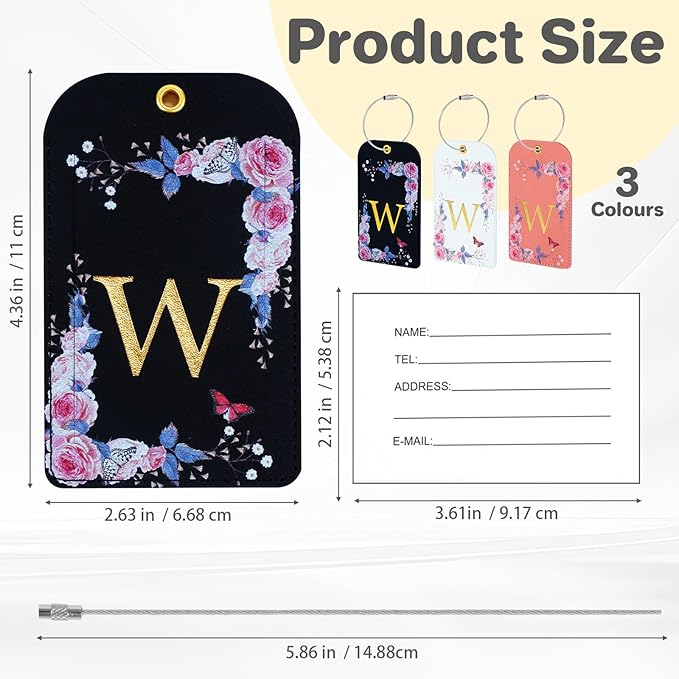 3 Pack Luxury Floral Luggage Tags, Durable PU Leather Suitcase Tags with Stainless Steel Cable Strap, Hidden ID Slot for Privacy Protection, Easy to Identify Waterproof Travel Accessories Gift (W)