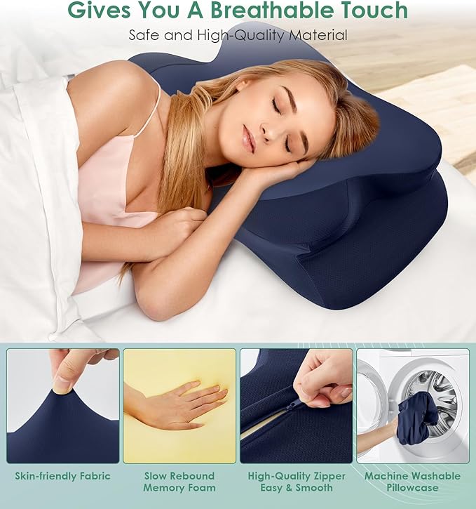 DONAMA Cervical Pillow for Sleeping, Contour Memory Foam Pillow for Neck and Shoulder Support, Ergonomic Neck Pillow for Side Back Stomach Sleepers, Bed Pillows with Cooling Pillowcase
