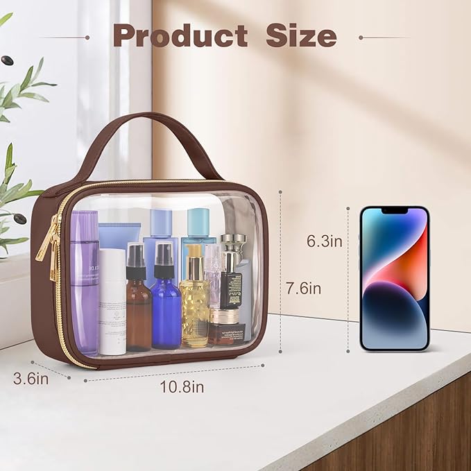 Wedama Clear Toiletry Bag, 2 Pack Clear Makeup Bags with Handles, Large Travel Bags PVC Cosmetic Bag for Women and Men, Carry on Airport Airline Compliant Bag, Brown