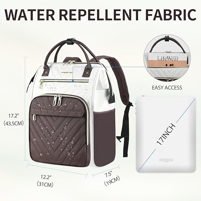 VANKEAN 17 Inch Laptop Backpack for Women Men Fashion Computer Work Bag, Large Capacity Waterproof Backpack with USB Port & RFID Pockets, College Daypack Business Travel, Beige-Coffee