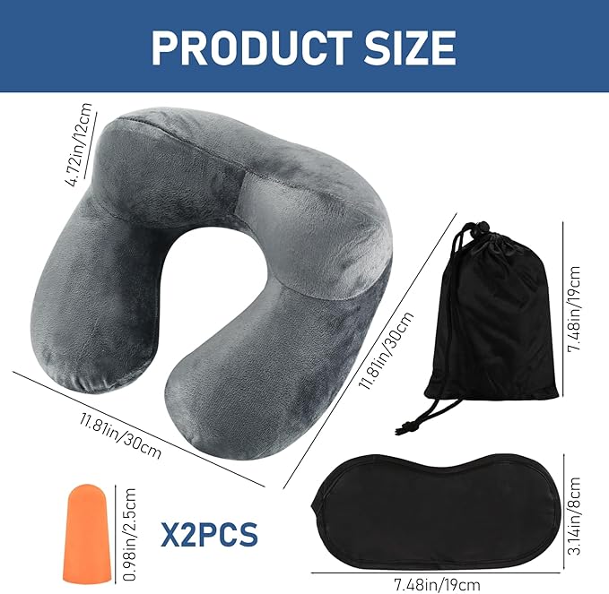 1 PcsInflatable Travel Pillows for Sleeping Airplane Inflatable Neck Pillow for Traveling Pillow Inflatable Travel Neck Pillows for Airplanes Sleeping, Train, Car, Office, with Eye Masks, Earplugs