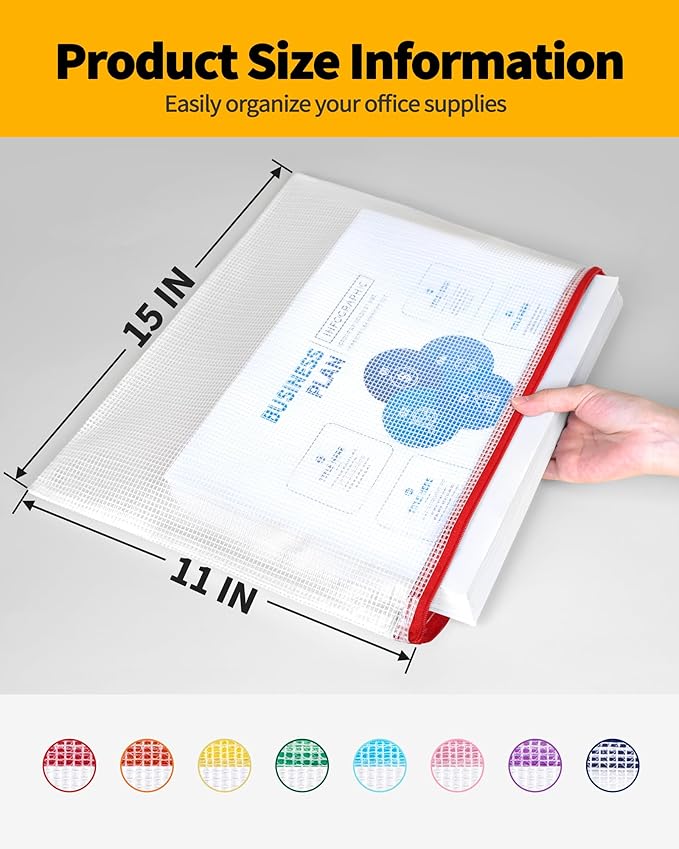 SUNEE Plastic Mesh Zipper Pouch 11x15 in (8 Colors, 24 Packs),Extra Large Water-Resistant Zip Bag for School Office Supplies, Puzzles & Games Organizing Storage