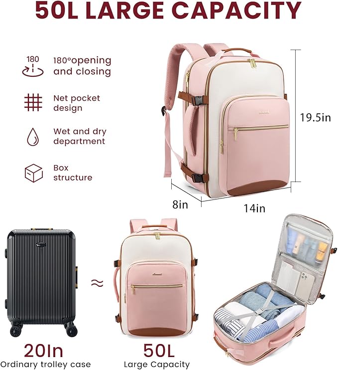 LOVEVOOK 50L Travel Backpack for Women & Men, Airline Approved Carry On Luggage with 3 Packing Cubes, TSA Overnight Bags, Waterproof Personal Item Bag, Weekender Essentials Backpacks fits 17" Laptop