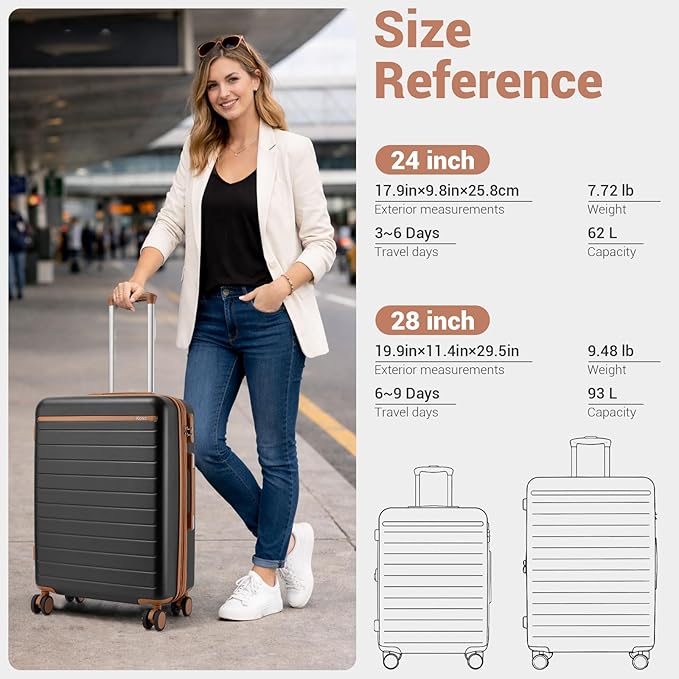 Kono 28 Inch Large Suitcase, Expandable for Long Trips, Impact-Resistant ABS+PC & Silent Wheels, Black, Lightweight Hardshell Luggage, Smooth Rolling Spinner Suitcase for Travel，Black/Brown